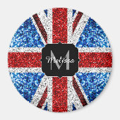イギリス国旗の赤い青の白いスパークルグリッターモノグラム マグネット (正面)