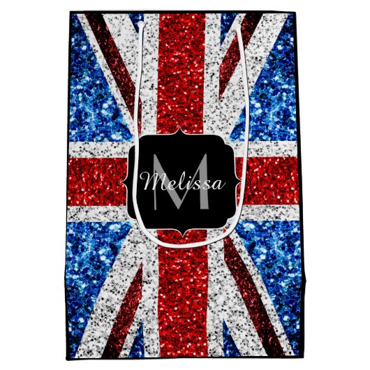 イギリス国旗の赤い青の白いスパークルグリッターモノグラム ミディアムペーパーバッグ (裏面)