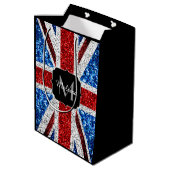 イギリス国旗の赤い青の白いスパークルグリッターモノグラム ミディアムペーパーバッグ (裏面アングル)