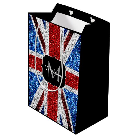 イギリス国旗の赤い青の白いスパークルグリッターモノグラム ミディアムペーパーバッグ (裏面アングル)