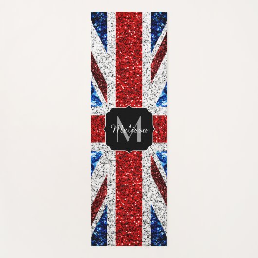 イギリス国旗の赤い青の白いスパークルグリッターモノグラム ヨガマット (正面)