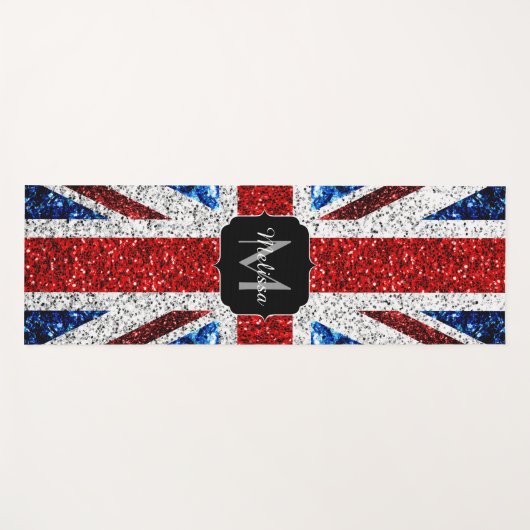 イギリス国旗の赤い青の白いスパークルグリッターモノグラム ヨガマット (正面(横))