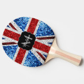 イギリス国旗の赤い青の白いスパークルグリッターモノグラム 卓球ラケット (横)