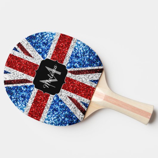 イギリス国旗の赤い青の白いスパークルグリッターモノグラム 卓球ラケット (横)