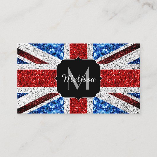 イギリス国旗の赤い青の白いスパークルグリッターモノグラム 名刺 (正面)