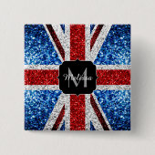 イギリス国旗の赤い青の白いスパークルグリッターモノグラム 缶バッジ (正面)