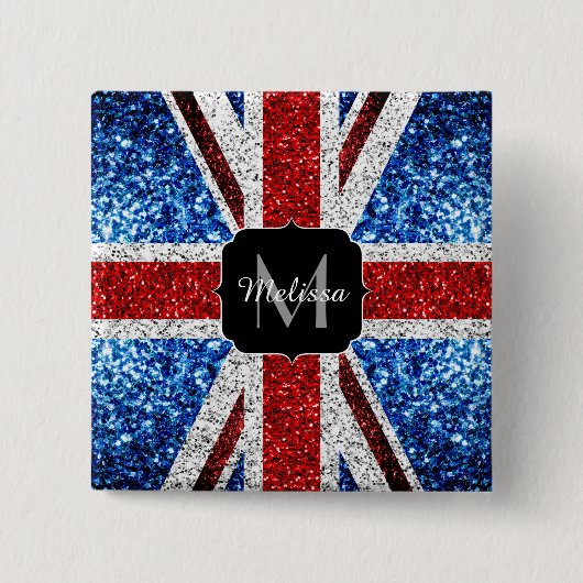 イギリス国旗の赤い青の白いスパークルグリッターモノグラム 缶バッジ (正面)