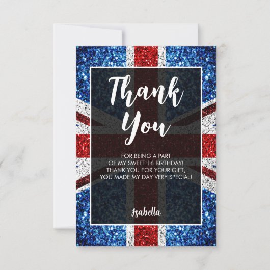 イギリス国旗の赤い青の白い輝エレガントきSweet 16 サンキューカード (正面)