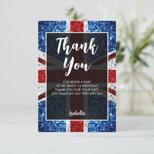 イギリス国旗の赤い青の白い輝エレガントきSweet 16 サンキューカード (スタンド正面)