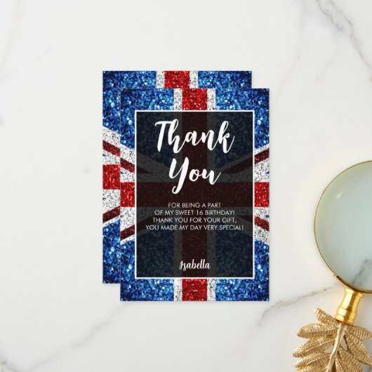イギリス国旗の赤い青の白い輝エレガントきSweet 16 サンキューカード (正面/裏面インサイチュ)