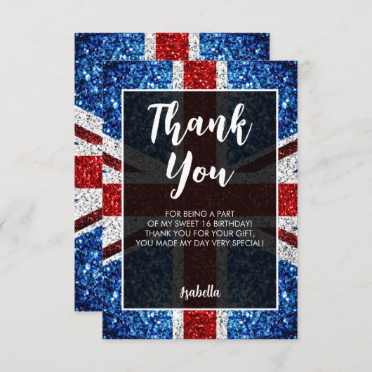 イギリス国旗の赤い青の白い輝エレガントきSweet 16 サンキューカード (正面/裏面)