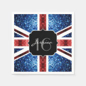 イギリス国旗の赤い青色の輝きグリッターSweet 16 スタンダードカクテルナプキン (正面)