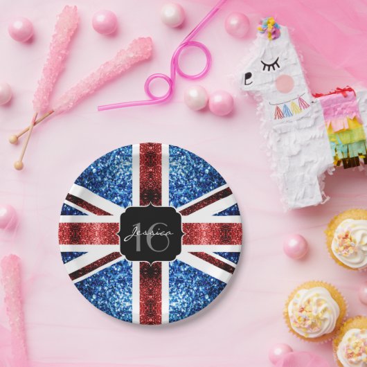 イギリス国旗の赤い青色の輝きグリッターSweet 16 ペーパープレート (パーティー)