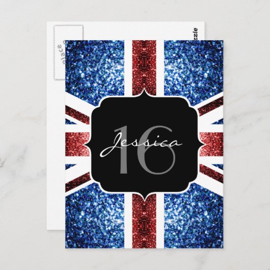 イギリス国旗の赤い青色の輝きグリッターSweet 16 ポストカード (正面/裏面)
