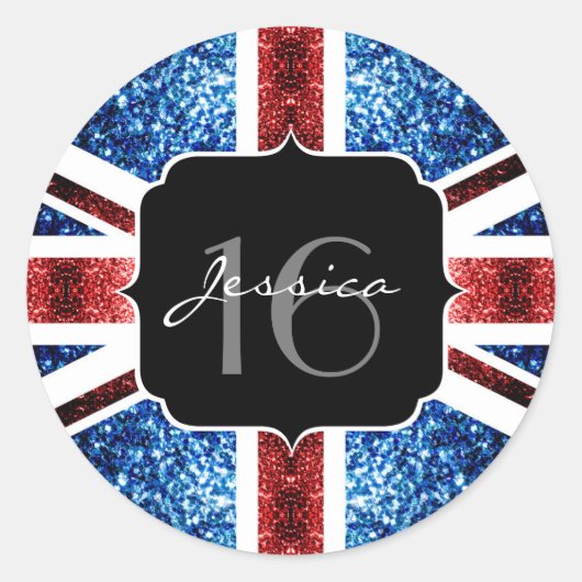 イギリス国旗の赤い青色の輝きグリッターSweet 16 ラウンドシール (正面)
