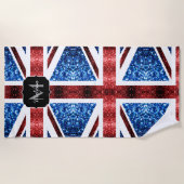 イギリス国旗の赤と青のきらめきグリッターモノグラム ビーチタオル (正面)