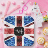 イギリス国旗の赤と青のきらめきグリッターモノグラム ペーパープレート (パーティー)