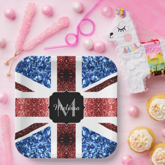 イギリス国旗の赤と青のきらめきグリッターモノグラム ペーパープレート (パーティー)