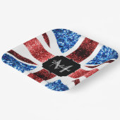 イギリス国旗の赤と青のきらめきグリッターモノグラム ペーパープレート (傾斜あり)