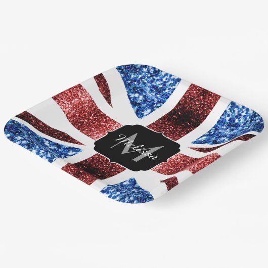 イギリス国旗の赤と青のきらめきグリッターモノグラム ペーパープレート (傾斜あり)