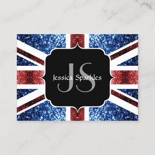 イギリス国旗の赤と青のきらめきグリッターモノグラム 名刺 (裏面)