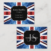イギリス国旗の赤と青のきらめきグリッターモノグラム 名刺 (正面/裏面)