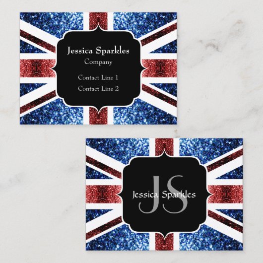イギリス国旗の赤と青のきらめきグリッターモノグラム 名刺 (正面/裏面)
