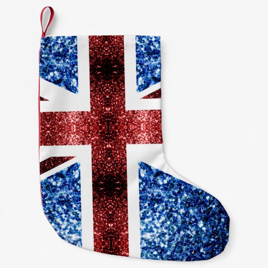 イギリス国旗の赤と青のキラキラのグリッター スモールクリスマスストッキング (正面)