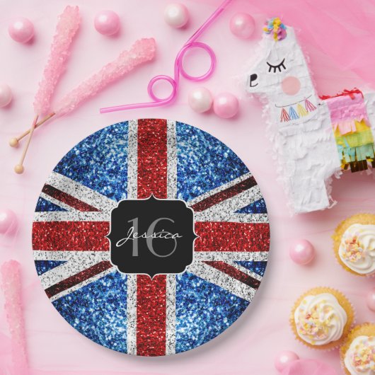 イギリス国旗の赤白青キラキラ輝く甘い16 ペーパープレート (パーティー)