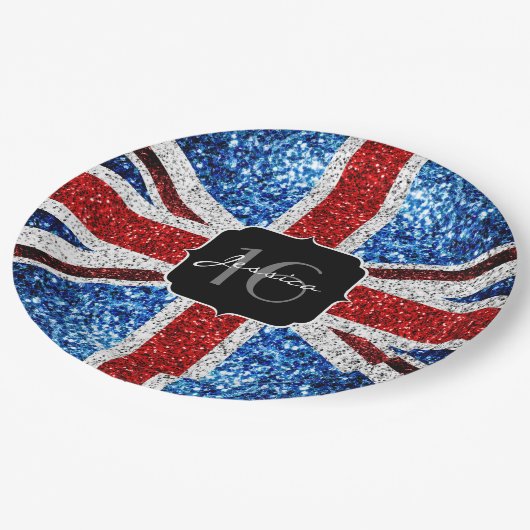 イギリス国旗の赤白青キラキラ輝く甘い16 ペーパープレート (アングル)