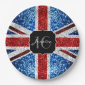 イギリス国旗の赤白青キラキラ輝く甘い16 ペーパープレート (正面)