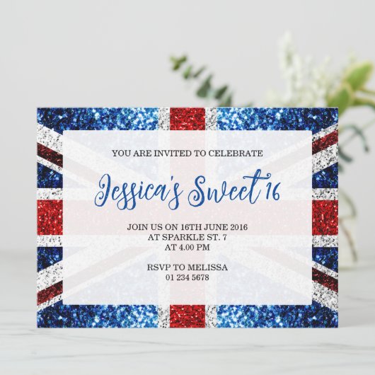 イギリス国旗の赤白青キラキラ輝く甘い16 招待状 (スタンド正面)