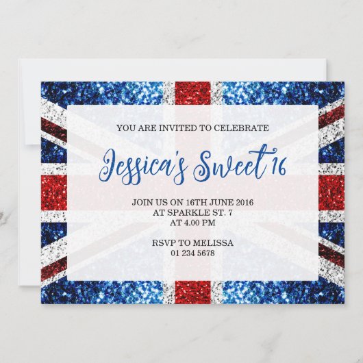 イギリス国旗の赤白青キラキラ輝く甘い16 招待状 (正面)