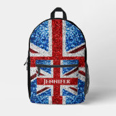 イギリス国旗の赤白青スパークル名前をカスタムする文字 プリントバックパック (正面)