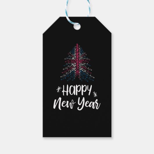 イギリス国旗を持つ新年のクリスマスツリーの幸せ ギフトタグ (正面)