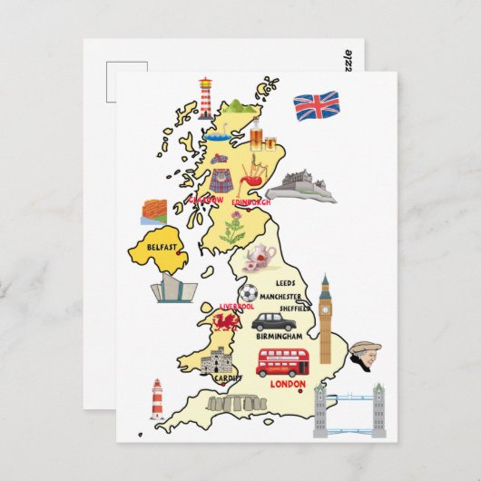 イギリス地図 イギリスのイラストマップ ポストカード (正面/裏面)