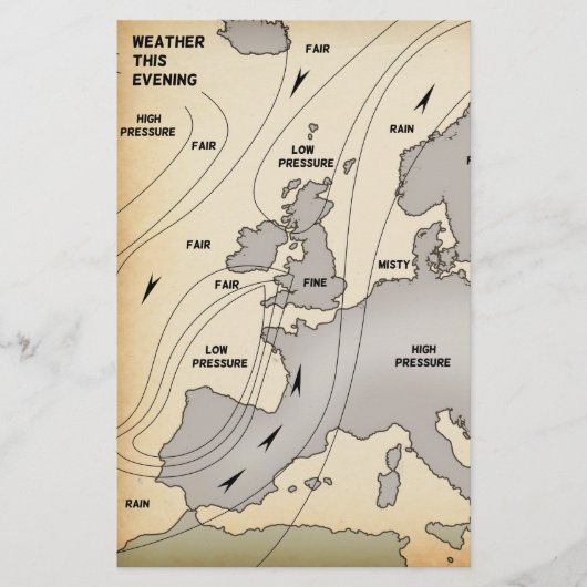 イギリス諸島とヨーロッパのビンテージ気象図 便箋 (正面)