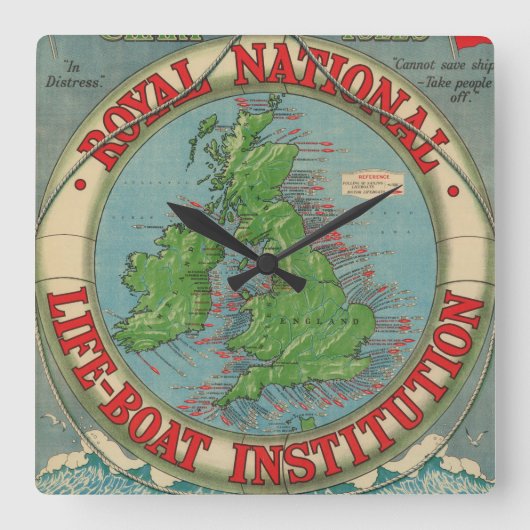 イギリス諸島の地図-救命ボートの図表 スクエア壁時計 (正面)