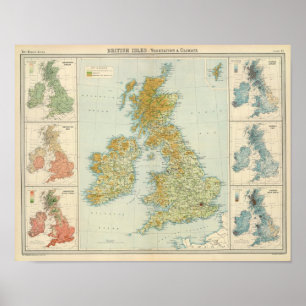 イギリス諸島の植物及び気候の地図 ポスター