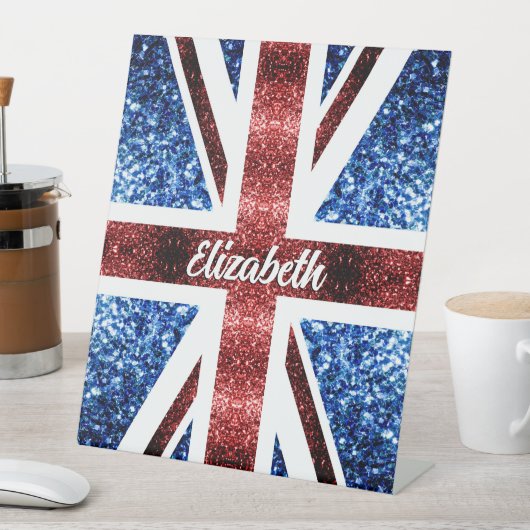 イギリス赤い青のスパークルグリッター名前をカスタムする 台座サイン (インサイチュ)