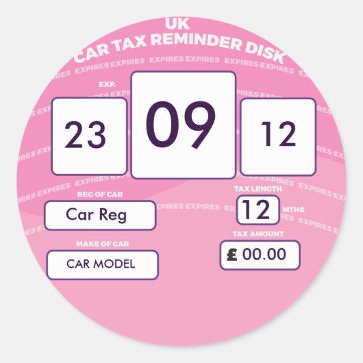 イギリス車の税金注意喚起ステッカーピンク ラウンドシール (正面)