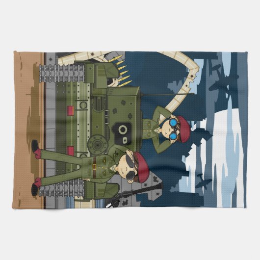 イギリス陸軍の兵士およびタンク場面タオル キッチンタオル (横)