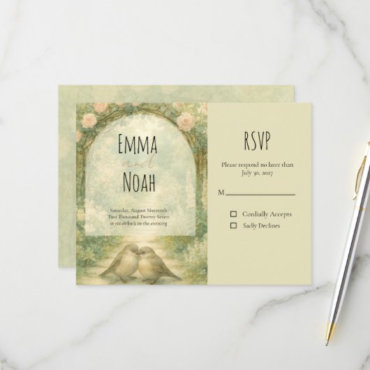 イギリス風ガーデン ピンクのバラの結婚式 出欠カード (正面/裏面インサイチュ)