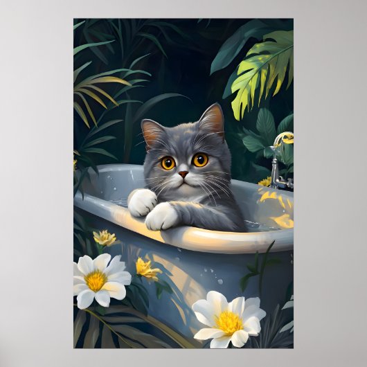 イギリス+ショートヘアの風呂ポスター ねこ おもしろい ポスター (正面)