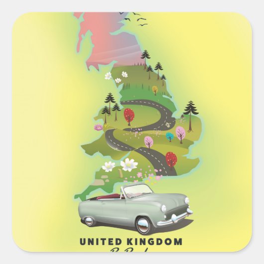 イギリス 'ドライブで' ビンテージ旅行ポスター スクエアシール (正面)