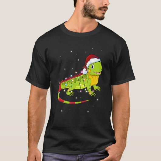 イグアナクリスマスライトセーター動物のクリスマス Tシャツ (正面)
