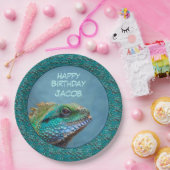 イグアナハッピーバースデーグリーンブルーティール(緑がかった色) ペーパープレート (パーティー)