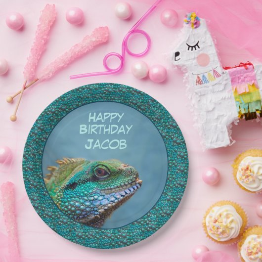 イグアナハッピーバースデーグリーンブルーティール（緑がかった色） ペーパープレート (パーティー)