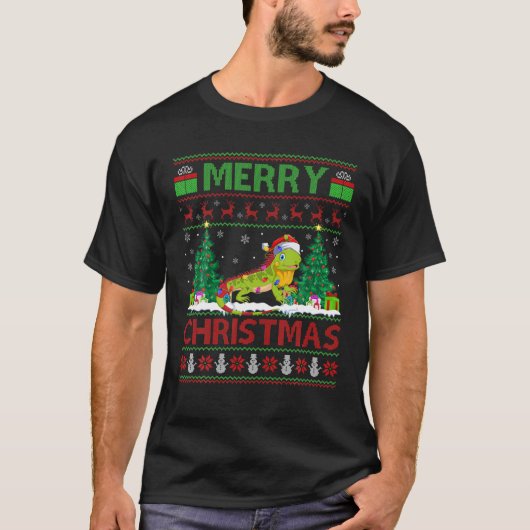 イグアナ恋人クリスマス照明サンタ醜いイグアナクリス Tシャツ (正面)
