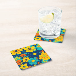 イグサカラフルス開花 – ドーパミンスタイル-レトロ花 スクエアペーパーコースター